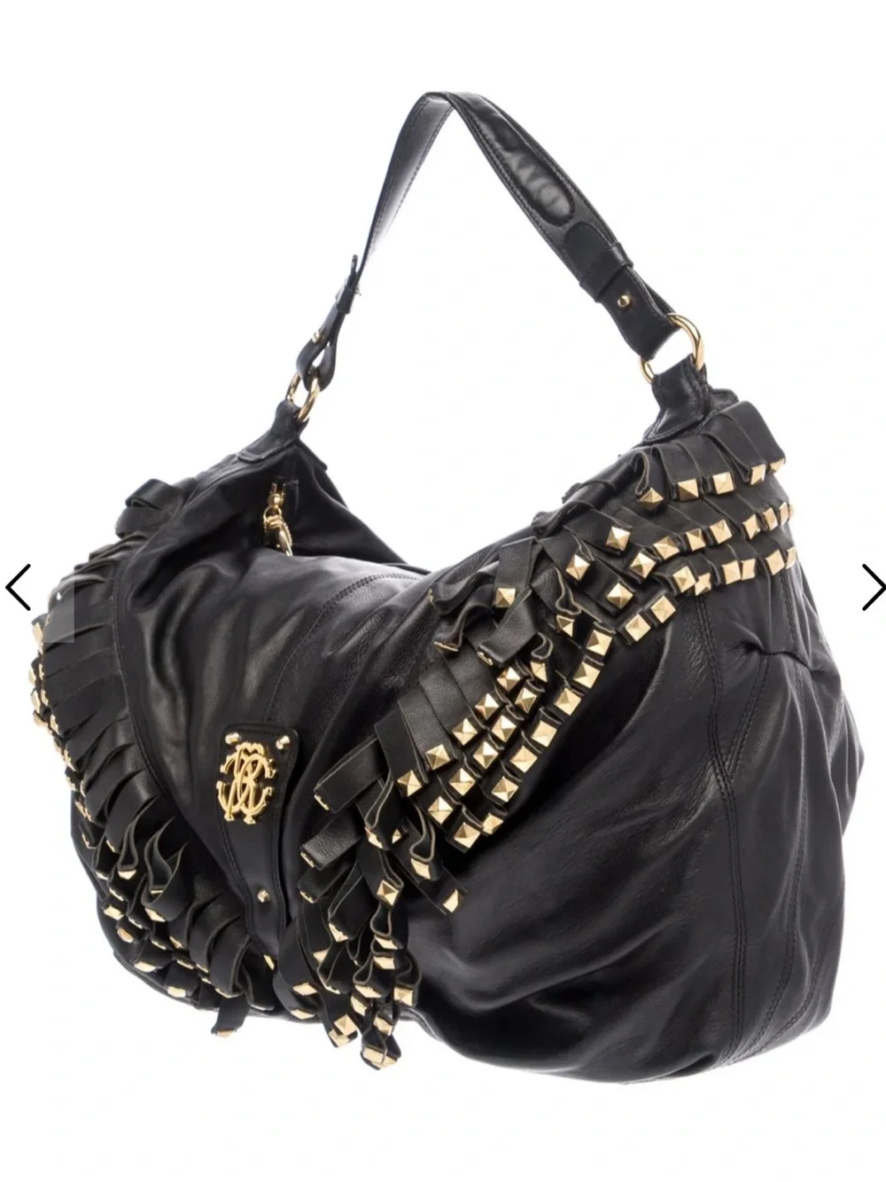 ROBERTO CAVALLI Fringed and Studded Soft XL Leather Black Hobo! Rare! Like New!